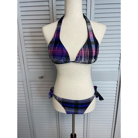 O'Neill two piece plaid tie bikini set triangle tie top bikini style tie bottom - Picture 1 of 5